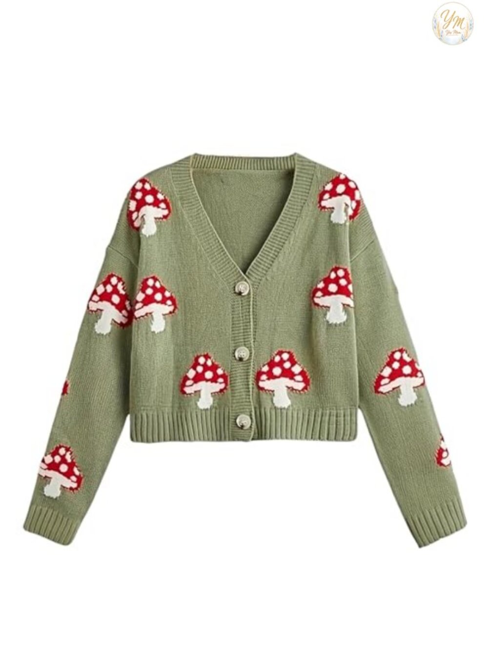 Mushroom Cardigan Sweater Button Long Sleeve V Neck Knit Crop